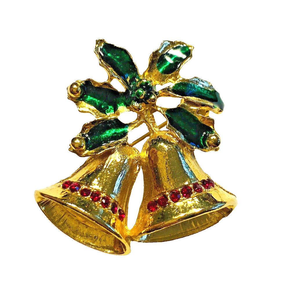 Vintage Christmas Brooch Goldtone Bells Motif Festive Holiday Pin Green Holly